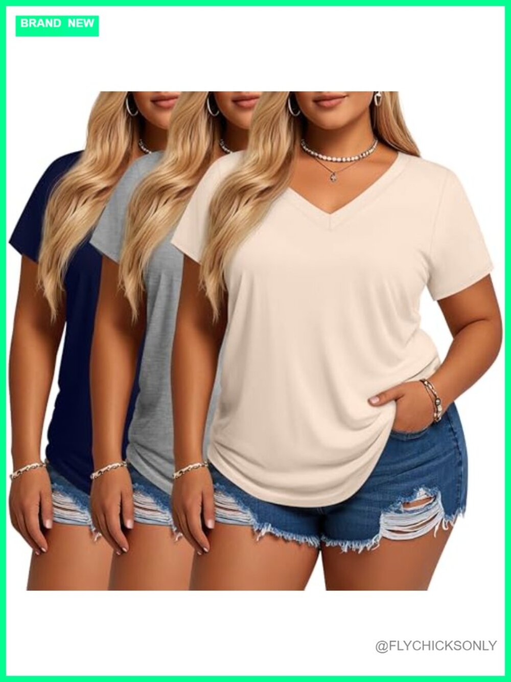 Plus Size V-Neck T-Shirts 3 Pack Loose Fit Curved Hem Short Sleeve Tees